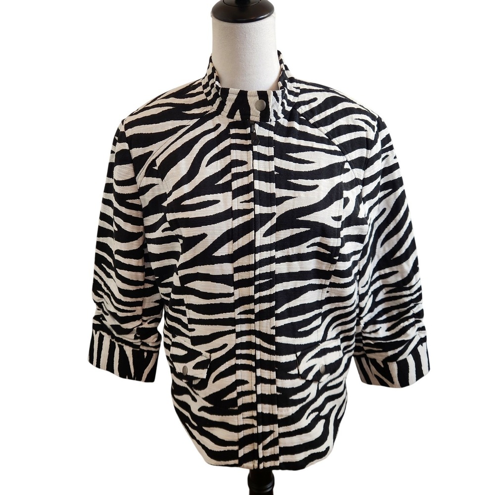 Chicos 2 Zebra Print Jacket Womens Large Black White Zip Front‎ Lined